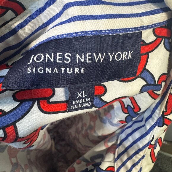 Jones New York Signature Chain Print Button-Up Shirt XL Red & Blue - Picture 2 of 9